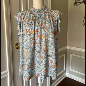 Floral flutter sleeve blouse; ocean blue, multicolor. Size L